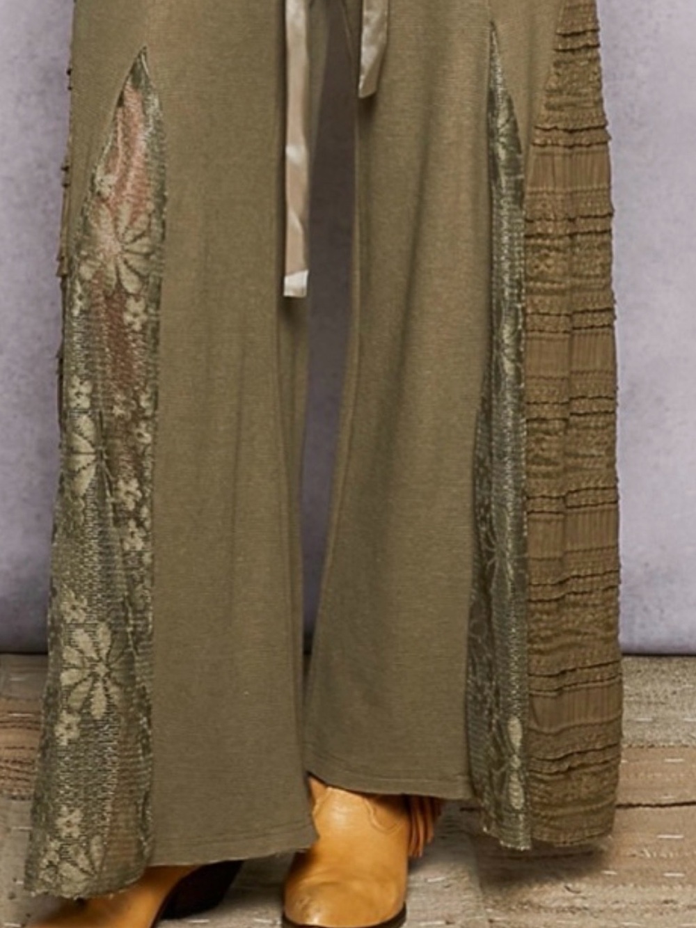 “The Dixie”Bestseller: Boho Wide-Leg Lace-Inset Pants - Olive - Picture 4 of 4